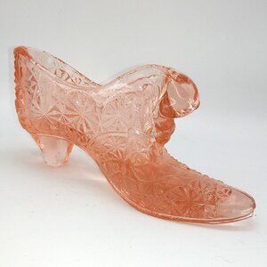Vintage Fenton Cranberry Pink Glass Daisy & Button Cat Head Shoe Slipper 5.5”